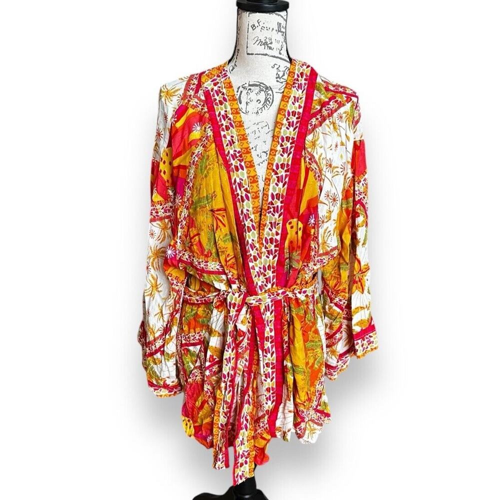Haute Hippie Tropical Pineapple Print Belted Kimono Cardigan Large